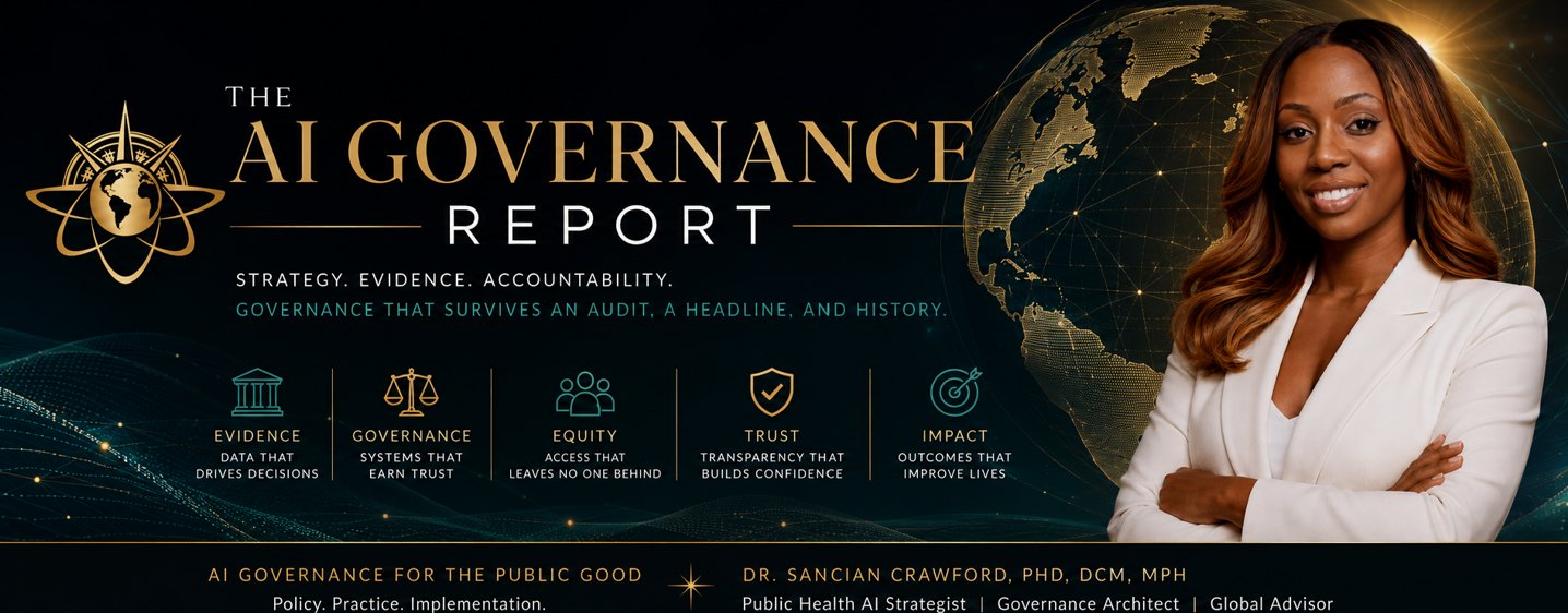 The AI Governance Report. Strategy. Evidence. Accountability. Governance that survives an audit, a headline, and history. Dr. Sancian Crawford, PhD, DCM, MPH.
